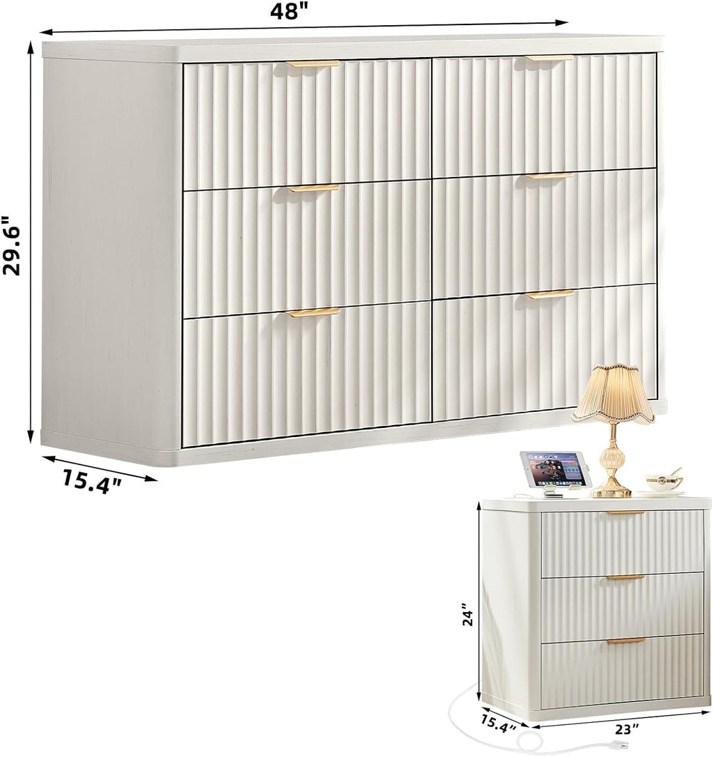 LEYAOYAO Fluted Dresser and 3 Drawers Nightstand Set of 2, Wood 48' Wide Dresser & 23' Night Stand with Charging Station, 3 Piece Bedroom Furniture Set, Chest of Drawers for Living Room,Antique White