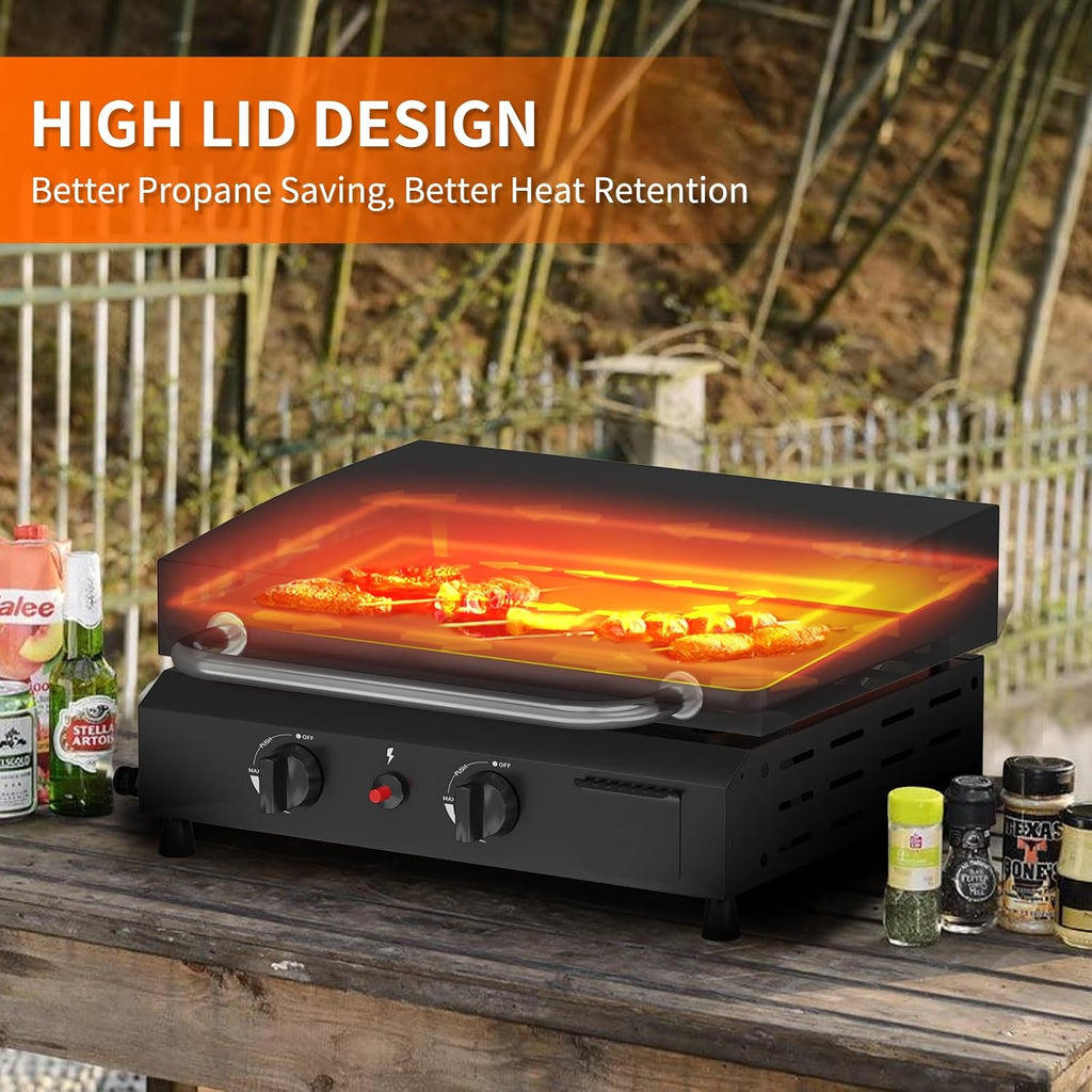SKOK 2 Burner Gas Griddle with Hood- 17 Inch Outdoor Propane Griddle-30000 BTU Propane Fuelled, Portable Flat Top Gas Grill Camping Griddle with Lid for Kitchen, Outdoor BBQ