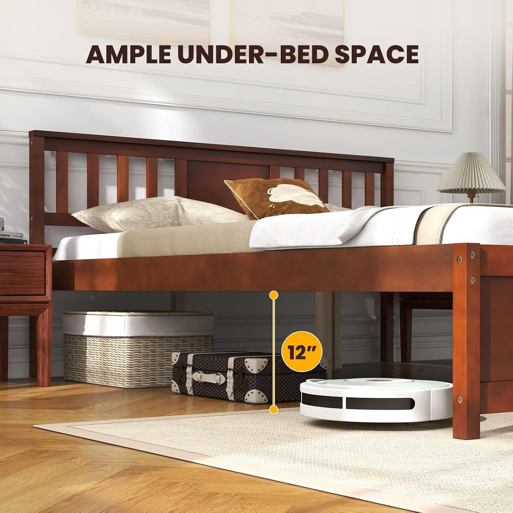Giantex Queen Size Solid Wood Platform Bed Frame, Mid Century Queen Bed Frame with Headboard, Wood Slat Support, Panel Bed, No Box Spring Needed, Easy Assembly, Walnut