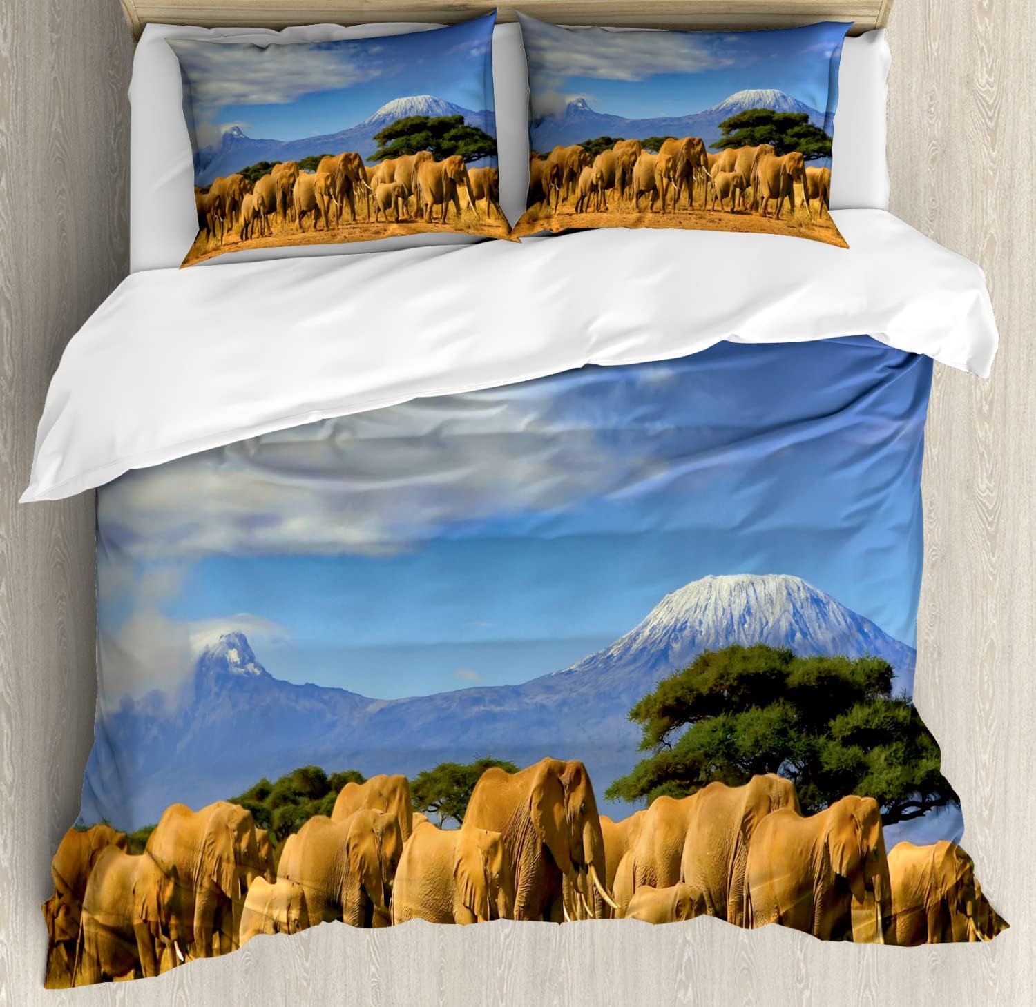 Ambesonne Snow Mountain Duvet Cover Sets, African Herd Passing by Snow-Capped Mount Kilimanjaro, Bedding Set with 2 Duvet Covers & 4 Pillowcases, 2 Pack Queen Size, Azure Blue and Multicolor
