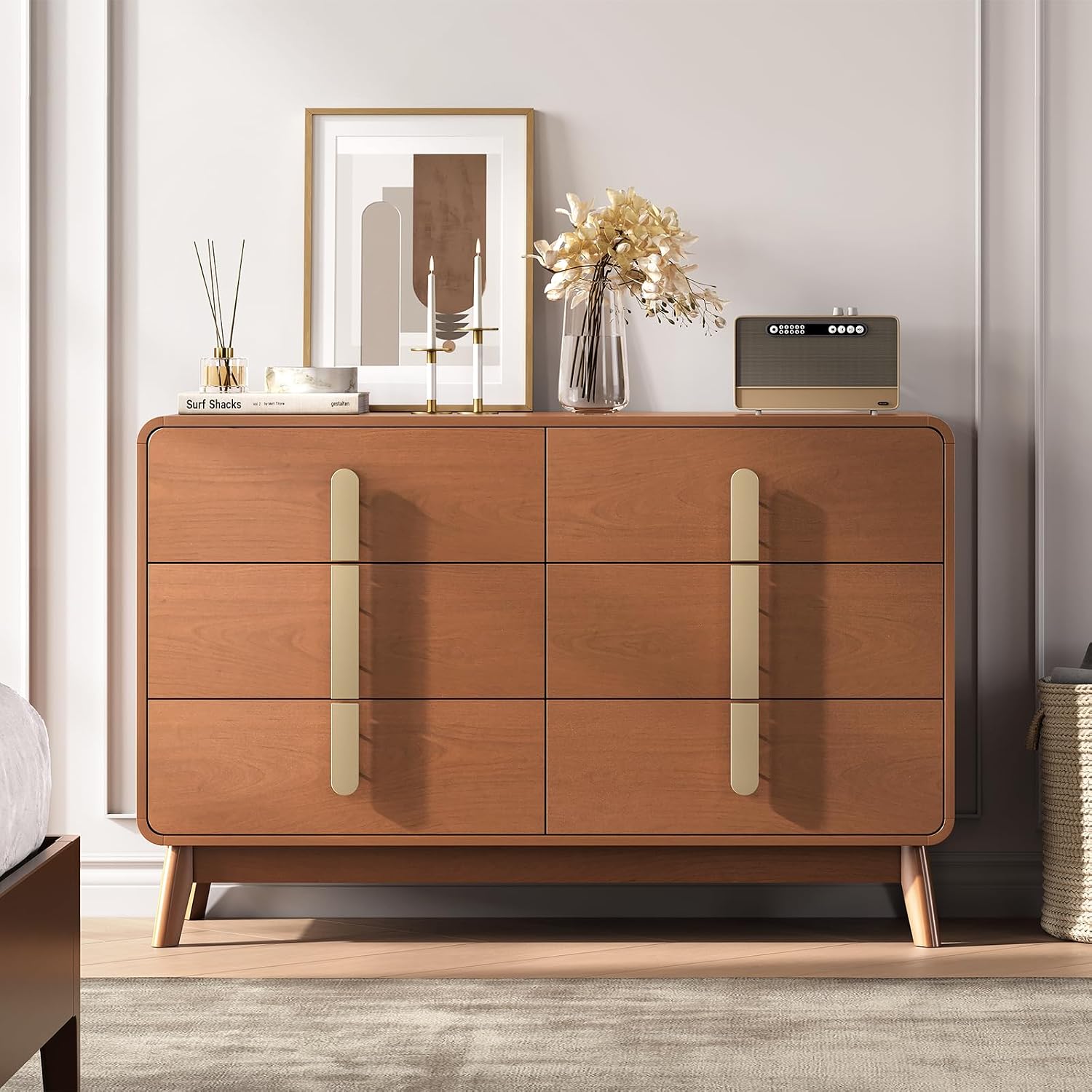 JOINICE Dresser for Bedroom with 6 Drawers,Mid Century Modern Dresser with Storage,47' Wide Chest of Drawers with Metal Handles,Large Wood Drawer Organizer for Bedroom,Living Room,Hallway,Cherry