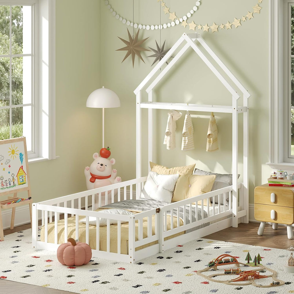 KOMFOTT Twin Size Floor Bed with House-Shaped Headboard, Kids Montessori Floor Bed with Detachable Clothes Hanger, Full Length Safety Guardrails, Door & Latch, Solid Wood Floor Bed Frame