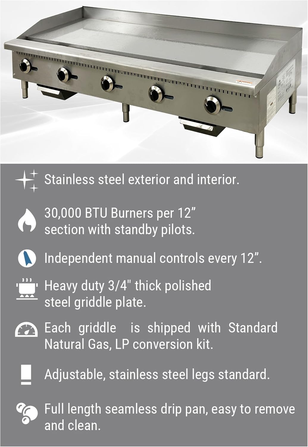 Commercial Gas Griddle ETL Flat Top Grill Stove Propane LP Natural Gas, 60' Heavy Duty HLRG-1500