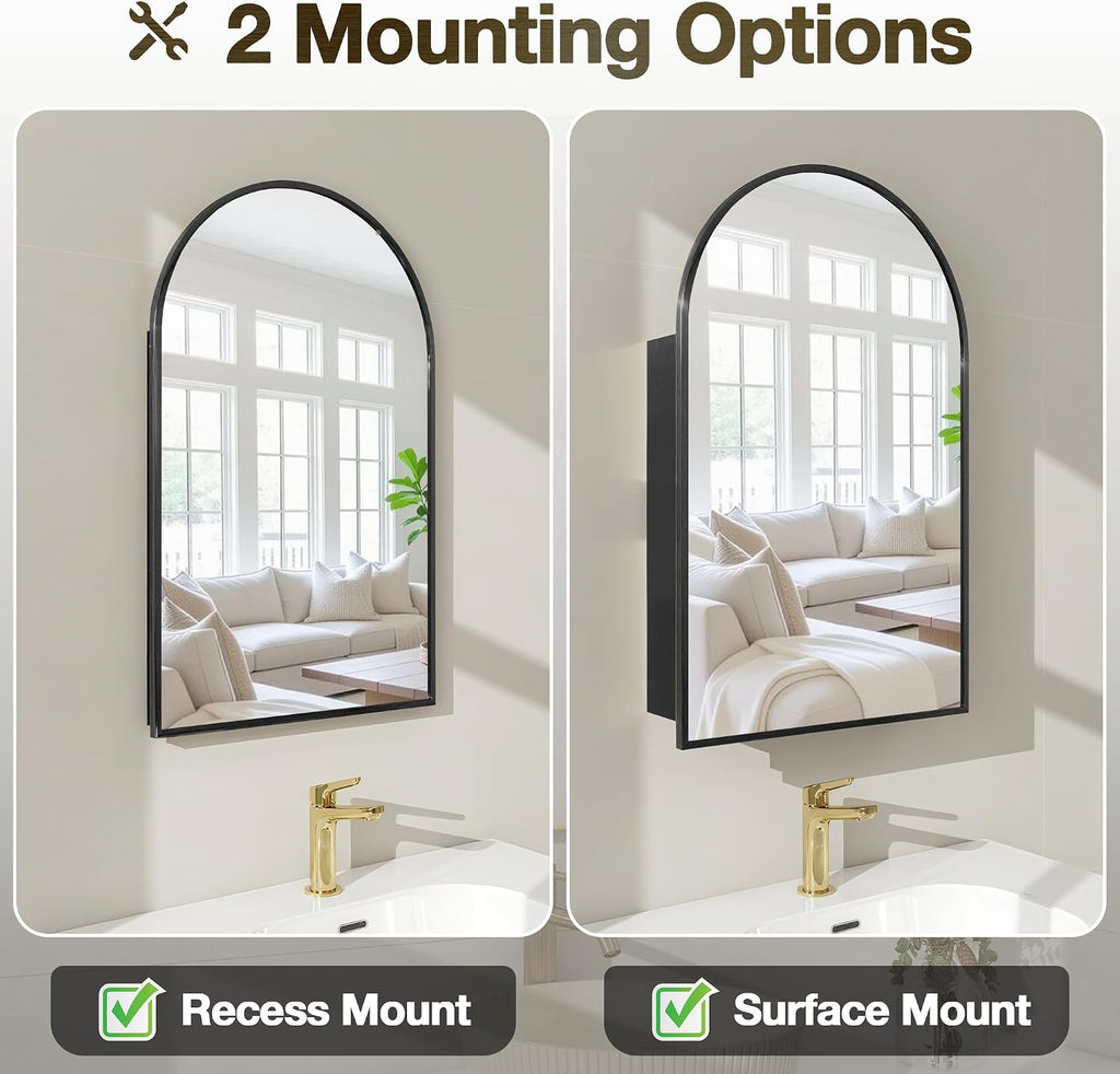 Arched Medicine Cabinet Mirror No Assembly Needed Bathroom Mirror with Storage Recessed or Surface Mount Options (Black, 31.5' L x 19.7' W)
