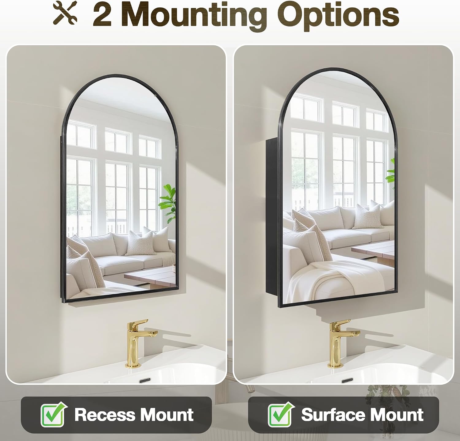 Arched Medicine Cabinet Mirror No Assembly Needed Bathroom Mirror with Storage Recessed or Surface Mount Options (Black, 31.5' L x 19.7' W)