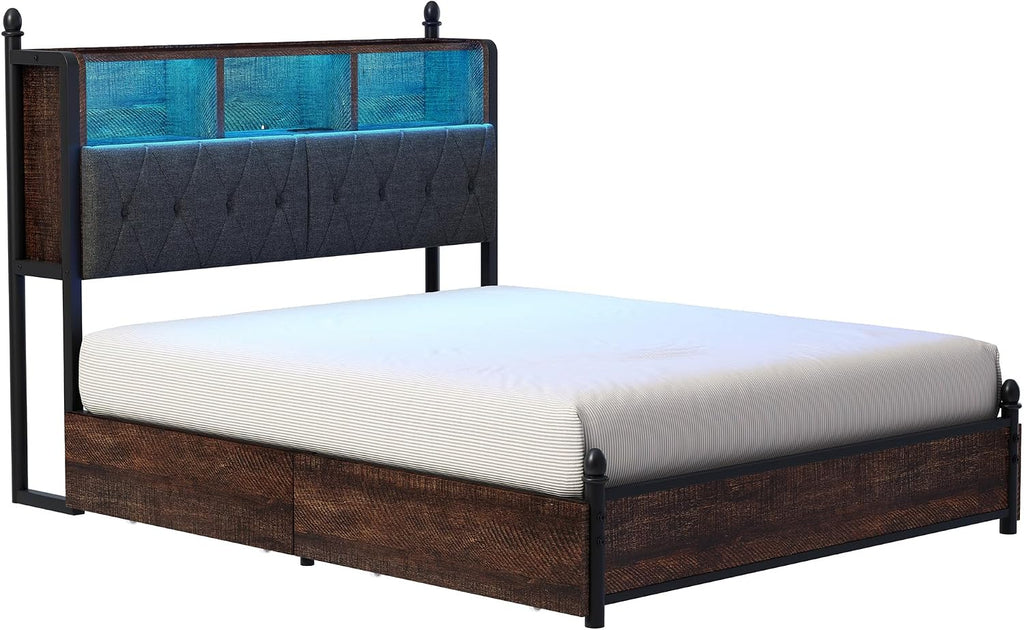 AMERLIFE Full Size Bed Frame with Bookcase Headboard, 4 Storage Drawers, Wooden Platform Bed with Charging Station & LED Light, No Box Spring Needed, Noise-Free, Rustic Brown