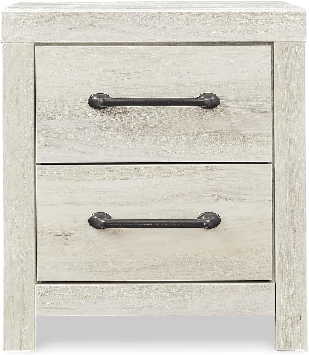 Signature Design by Ashley Cambeck Farmhouse Industrial 2 Drawer Two Drawer Nightstand with 2 Slim-Profile USB Charging Stations, 24.37' Tall, Whitewash