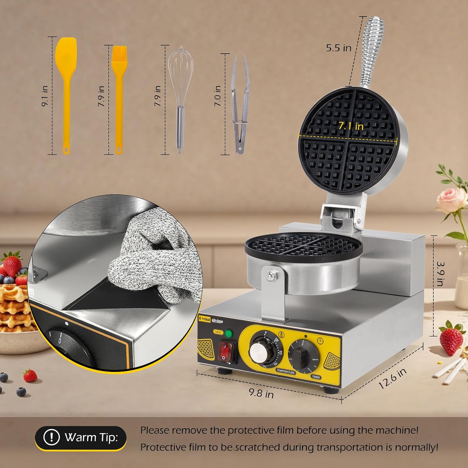 Dyna-Living Single Head Commercial Waffle Maker 1200W & 22'' Stainless Steel Countertop Griddle 3000W 110V Flat top Grill Electric for Home Kitchen