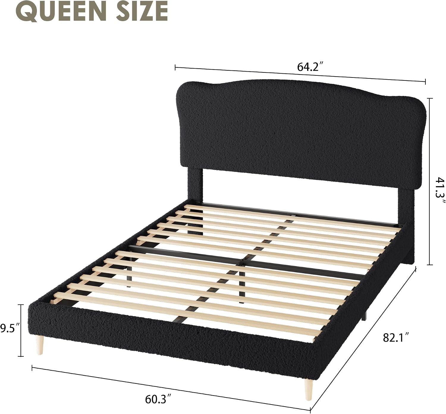 GarveeHome Queen Size Bed Frame with Upholstered Headboard, Soft Low Profile Sturdy Platform Bed with Rounded Corners Design, Heavy Duty, Wooden Slats, Noise Free, No Box Spring Needed, Black