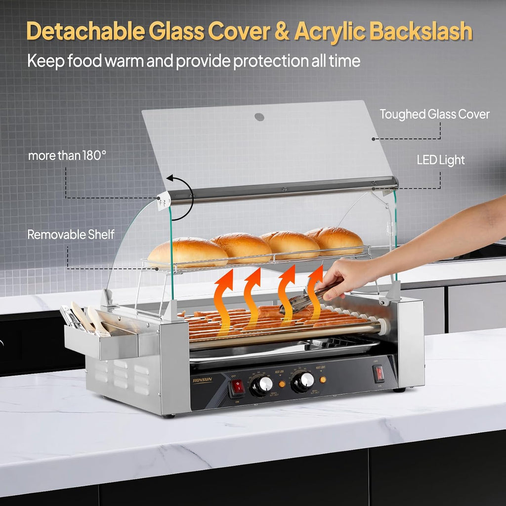 ROVSUN Hot Dog Roller, 24 Hot Dog 9 Rollers ETL Certified, Hot Dog Machine Sausage Grill Cooker with Dual Temp Control, Glass Cover, LED, Side Storage Box, Shelf & Drip Tray for Home Commercial 1350W