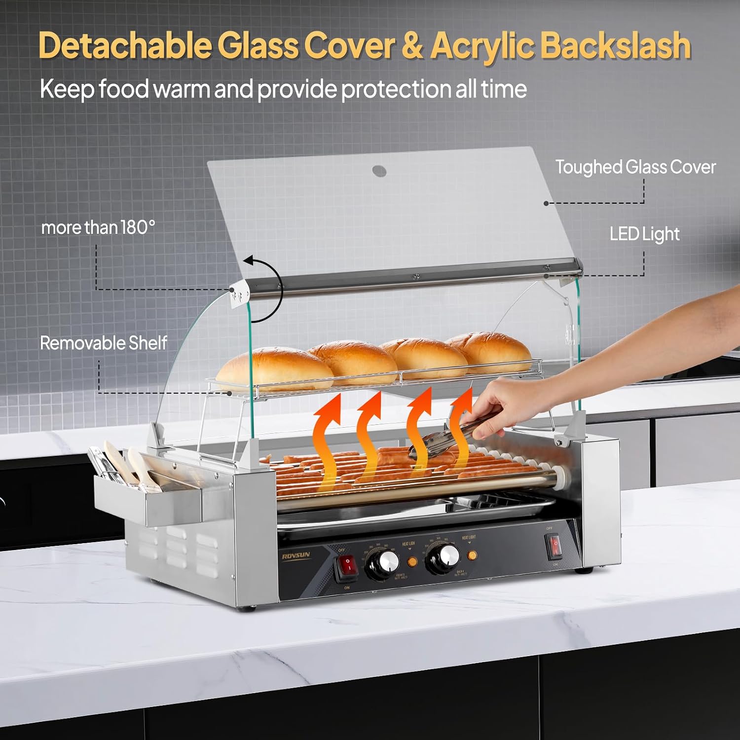 ROVSUN Hot Dog Roller, 24 Hot Dog 9 Rollers ETL Certified, Hot Dog Machine Sausage Grill Cooker with Dual Temp Control, Glass Cover, LED, Side Storage Box, Shelf & Drip Tray for Home Commercial 1350W