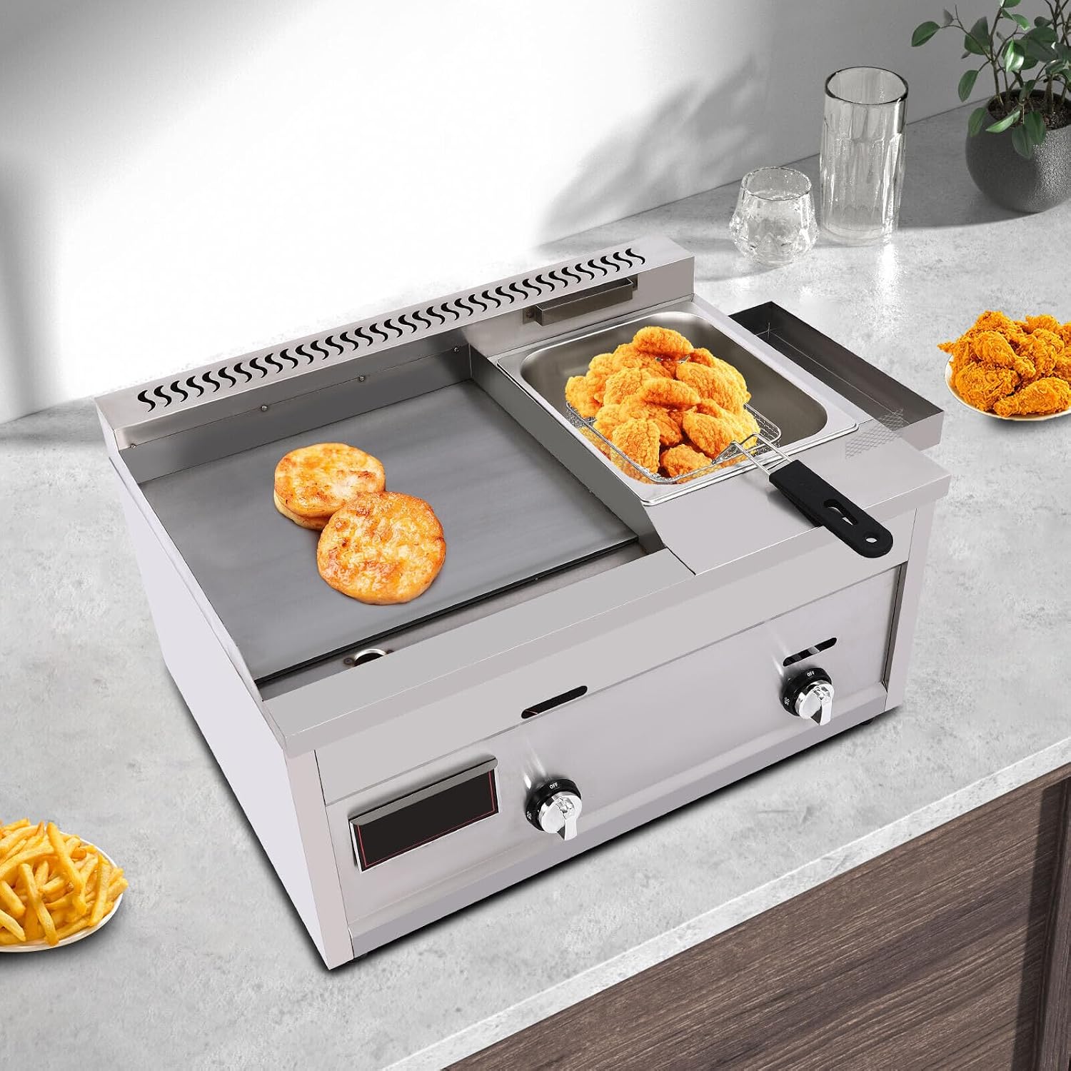 Griddle and Deep Fryer, Double Burner Gas Propane Tabletop Griddle and Deep Fryer Combo with Deep Fryer Multi-function Fast Heating&Cooling Down