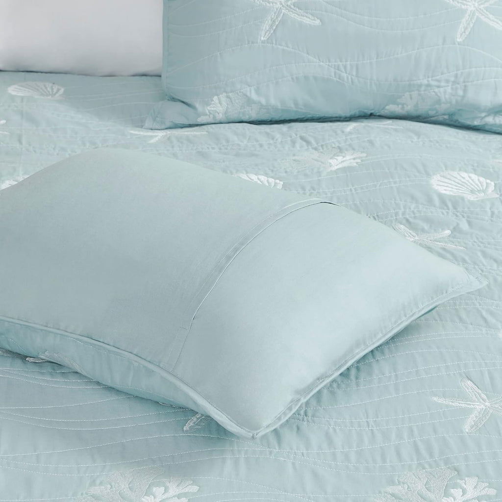 Harbor House Seaside Reversible Cotton Quilt Set Coastal Clam, Starfish, Coral Embroidery, All Season, Pre-Washed Coverlet Bedding Layer, Decorative Pillow, King/Cal King(108'x90') Seafoam 4 Piece