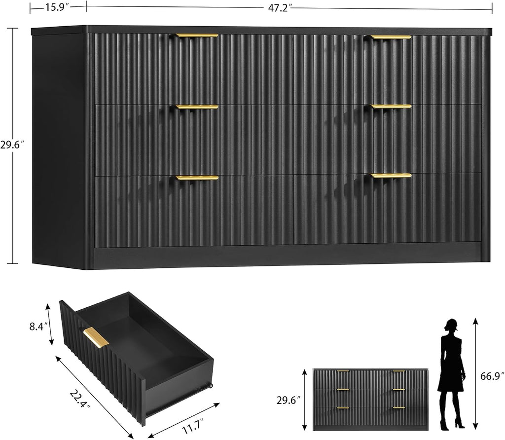 TEENFON Fluted 6 Drawer Dresser for Bedroom, Wide Modern Chest of Drawers with Metal Handle, Curved Profile Design, Wood Closet Clothes Storage Organizer for Bedroom, Living Room, Hallway, Black