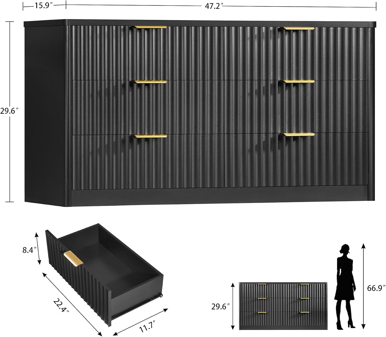 TEENFON Fluted 6 Drawer Dresser for Bedroom, Wide Modern Chest of Drawers with Metal Handle, Curved Profile Design, Wood Closet Clothes Storage Organizer for Bedroom, Living Room, Hallway, Black