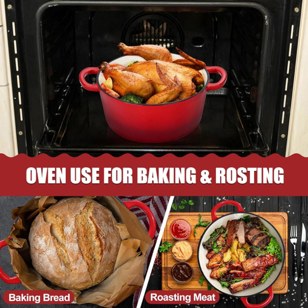 AYNEFY AYNEFY Cast Iron Braiser Pot 5QT Cast Iron Oven 2 in 1 Round Pot for Home Kitchen Braising Stewing Frying Baking Simmering Uniform Heat Distribution Kitchen Tools