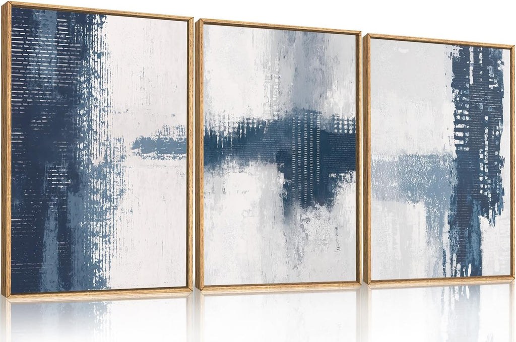 Celestdeco Large Abstract Navy Blue Grey Framed Canvas Wall Art Set,Modern Minimalist Wall Decor,Neutral Brush Stroke Artwork for Living Room,Bedroom,Dining Room,Office-24 x36 x3