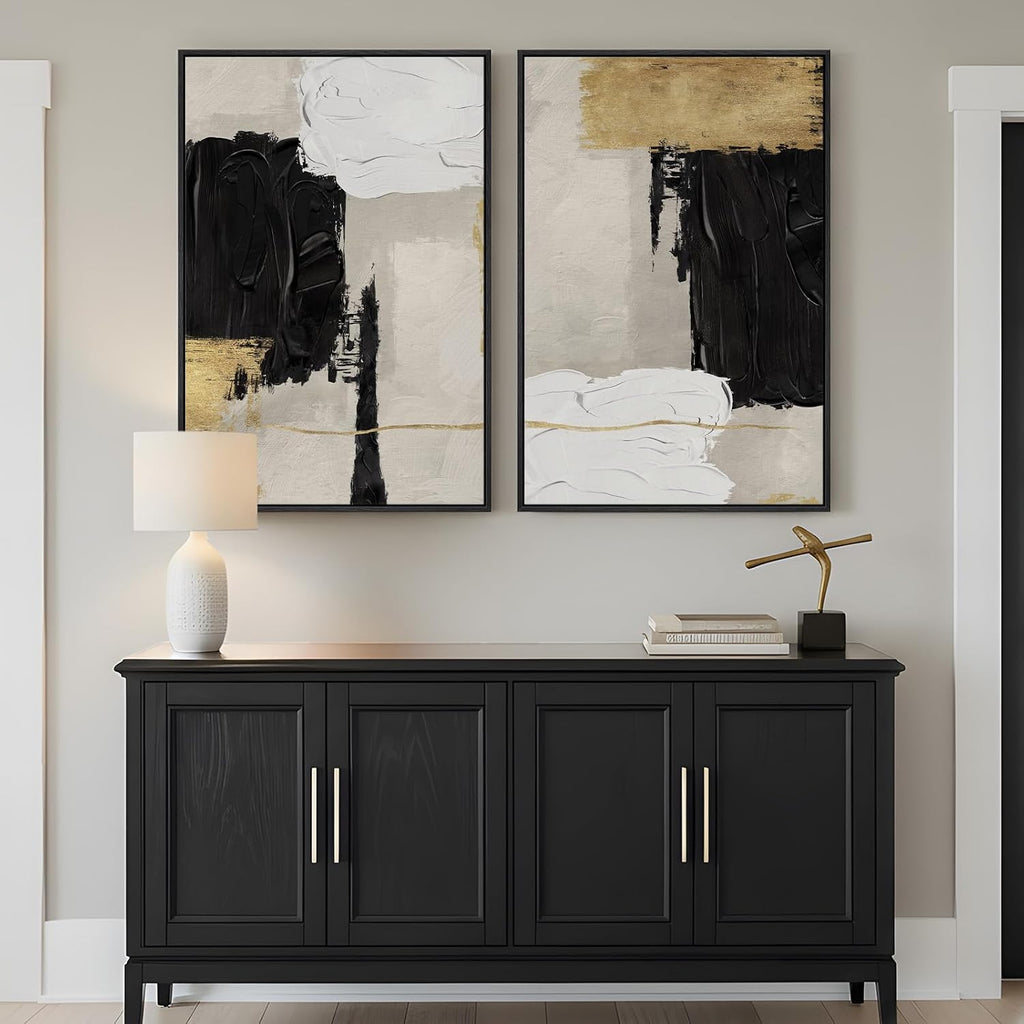 Framed Black White and Gold Abstract Wall Art for Living Room, Set of 2 Modern Minimalist Canvas Artwork for Walls, Large Neutral Pictures Prints for Bedroom Home Office Hallway Wall Decor, 24x36 Inch