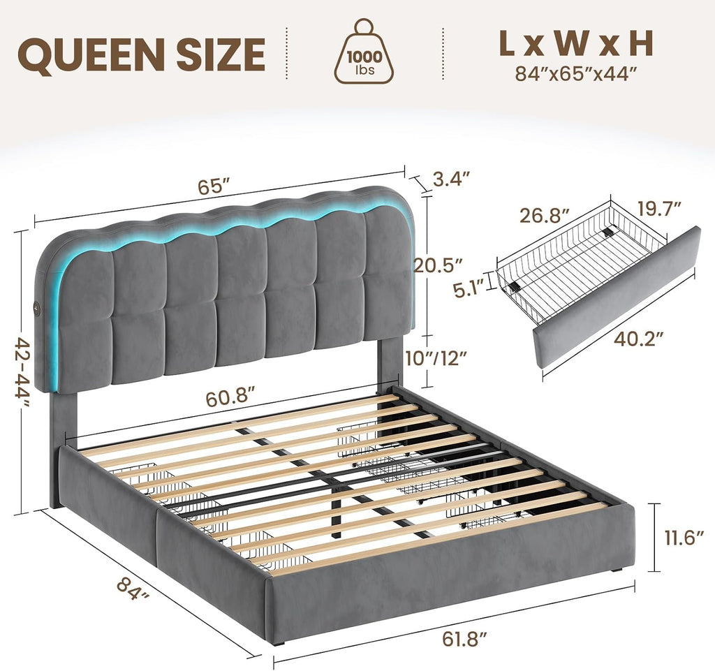 CypBed Queen Size Bed Frame with 4 Storage Drawers & LED Lights, Velvet Upholstered Platform Bed Frame with Charing Station and Adjustable Headboard, Wood Slats Support, No Box Spring Needed, Grey