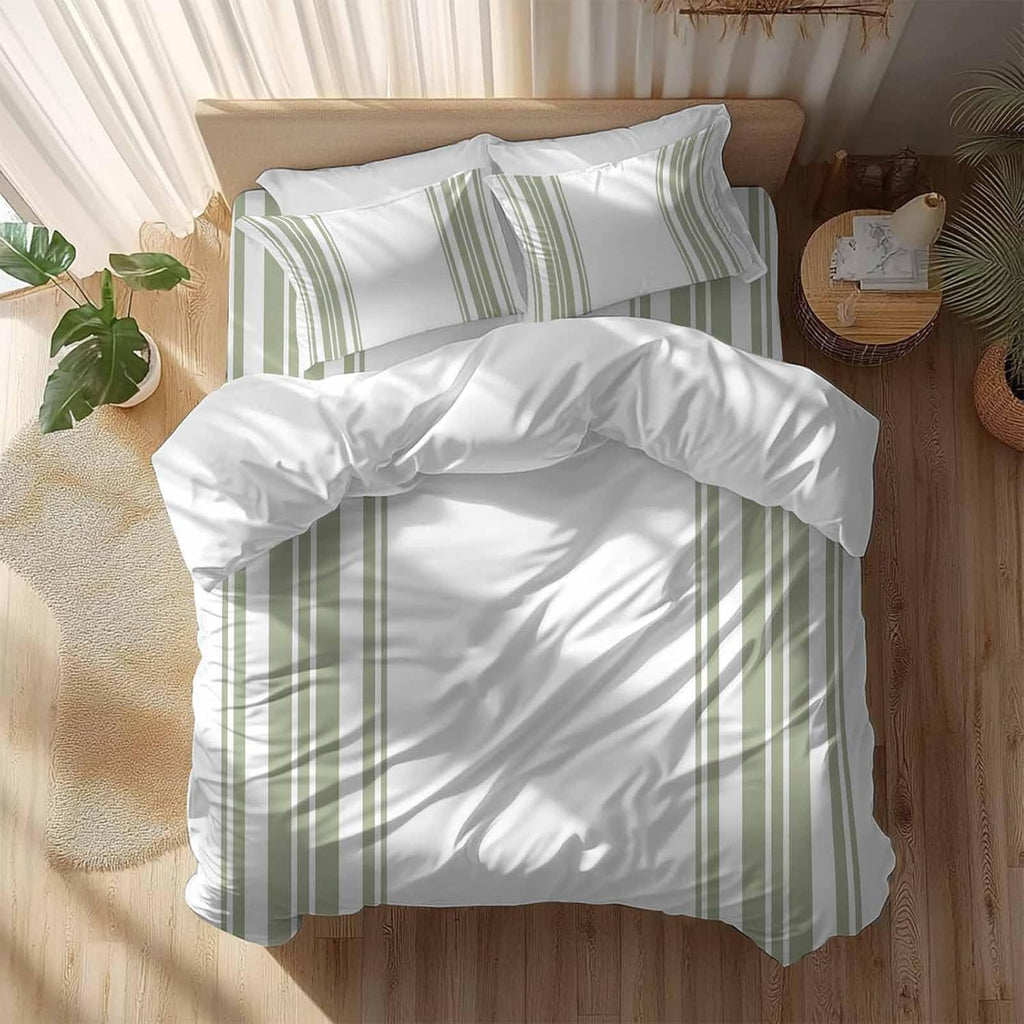 Sage Green and White Striped Duvet Cover Set Queen Size 4 Pieces Modern Minimalist Vertical Lines Bedding Set with Zipper Closure, 1 Comforter Cover 92x106 Inches 1 Flat Sheet & 2 Pillow Cases