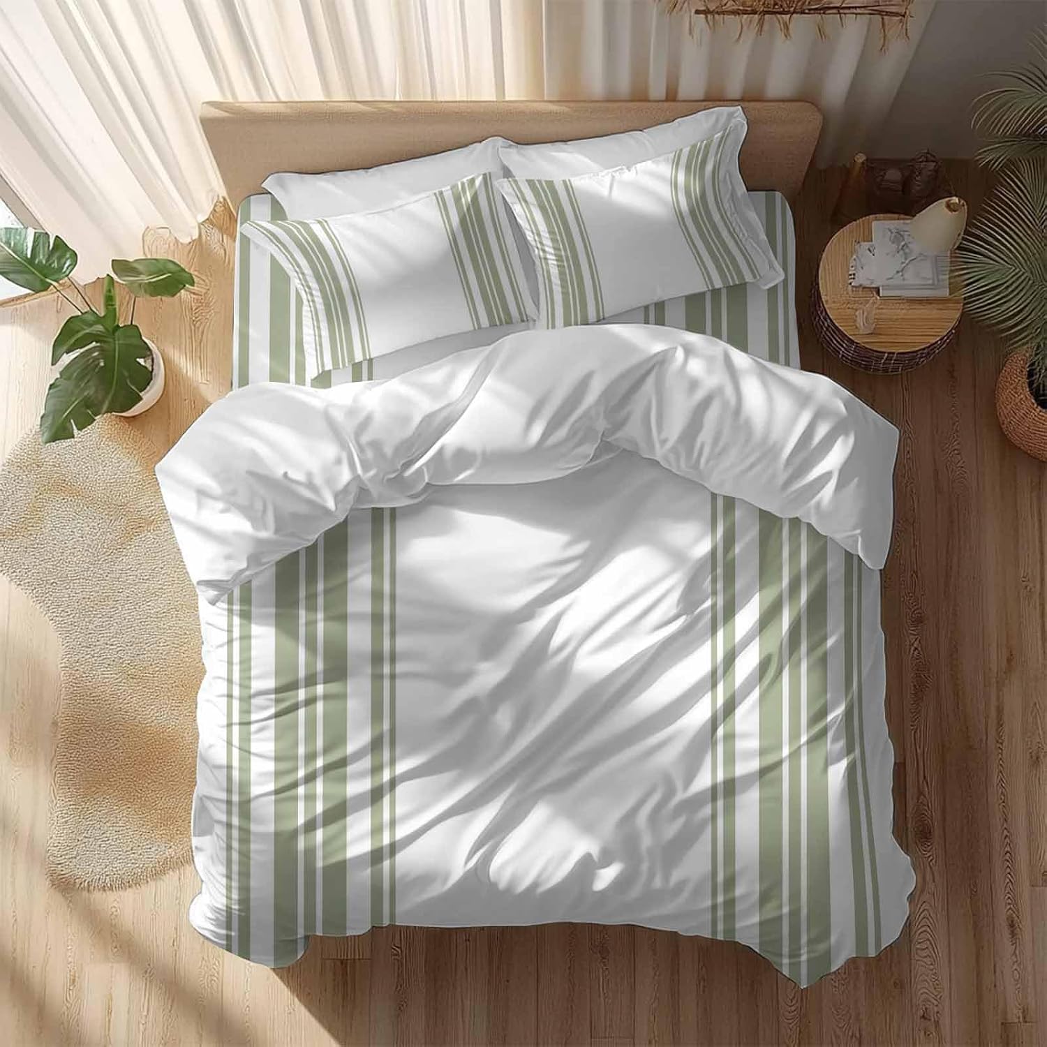 Sage Green and White Striped Duvet Cover Set Queen Size 4 Pieces Modern Minimalist Vertical Lines Bedding Set with Zipper Closure, 1 Comforter Cover 92x106 Inches 1 Flat Sheet & 2 Pillow Cases