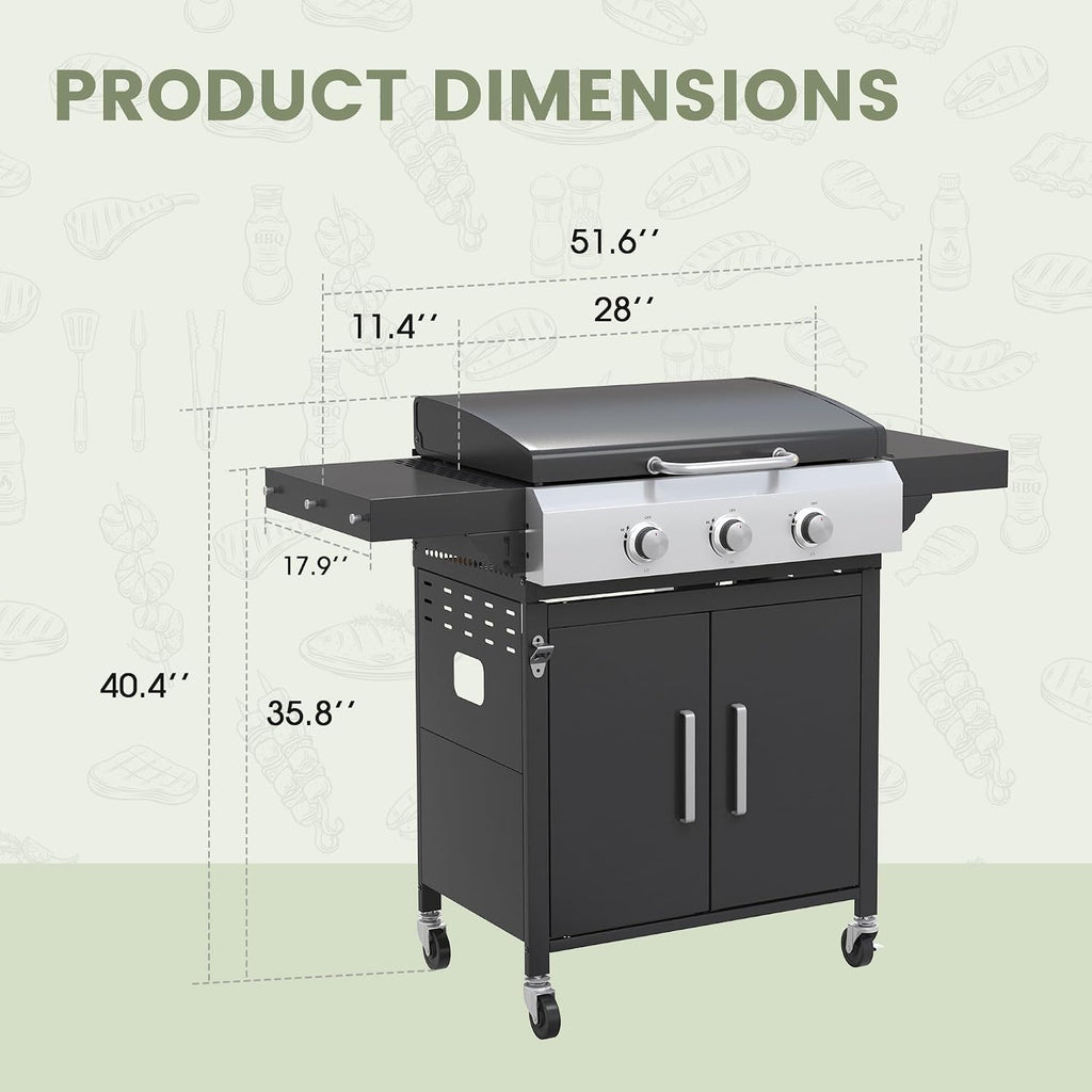 3 Burners Propane Gas Grill, Stainless Steel BBQ Grill with Porcelain-Enameled Cast Iron Grates, 36,000 BTU Outdoor Patio Barbeque Grill and Griddle Combo for Party, Camping, Backyard