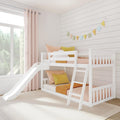 Max & Lily Solid Wood Twin Over Twin Size Low Bunk Beds for Kids with Slide and Ladder, 400 lbs Weight Capacity, 14' Safety Guardrail, Anti-Slip Steps, White