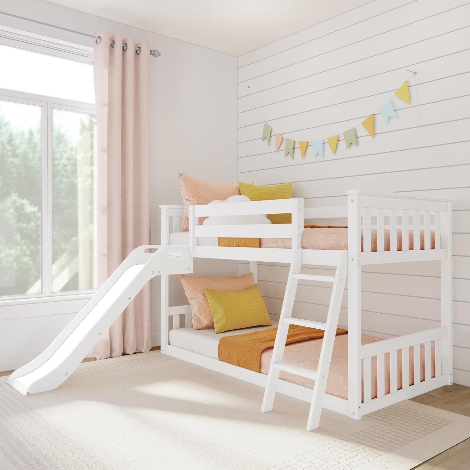 Max & Lily Solid Wood Twin Over Twin Size Low Bunk Beds for Kids with Slide and Ladder, 400 lbs Weight Capacity, 14' Safety Guardrail, Anti-Slip Steps, White