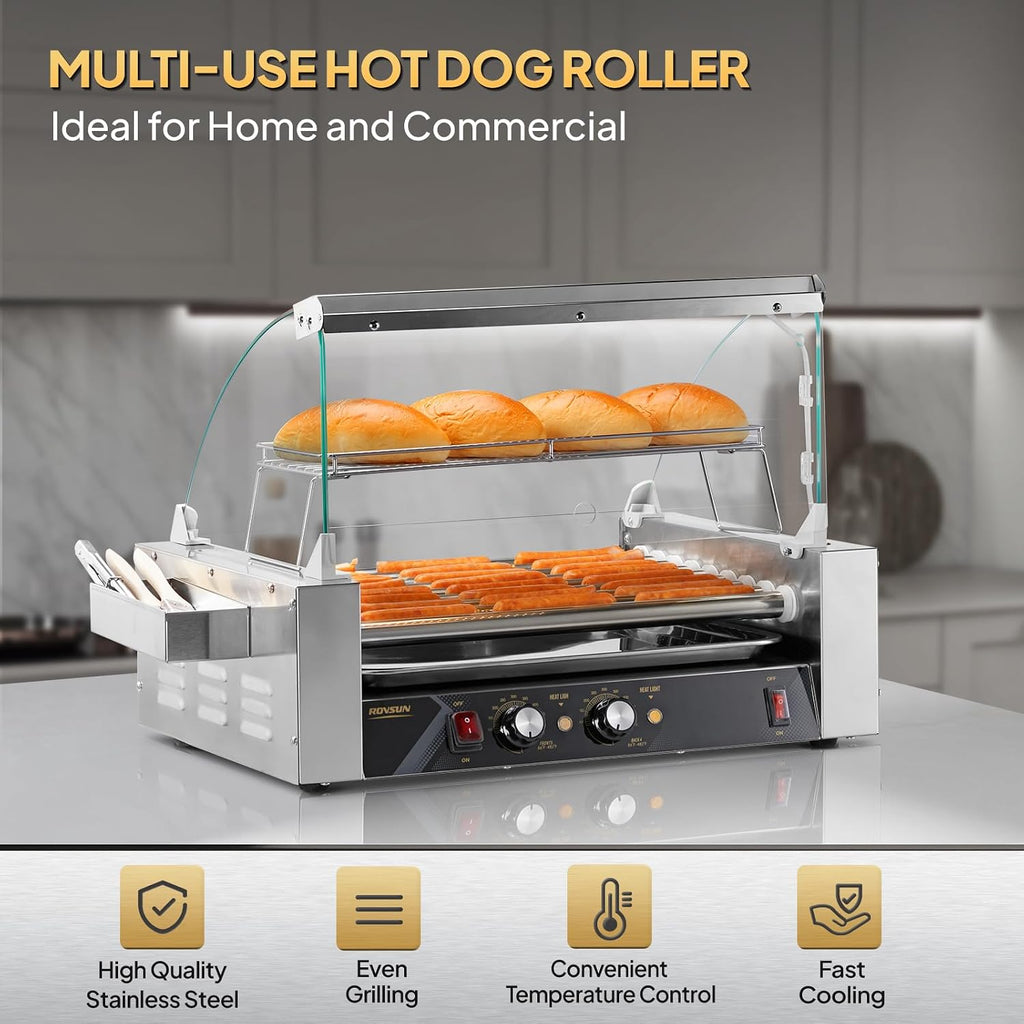ROVSUN Hot Dog Roller, 24 Hot Dog 9 Rollers ETL Certified, Hot Dog Machine Sausage Grill Cooker with Dual Temp Control, Glass Cover, LED, Side Storage Box, Shelf & Drip Tray for Home Commercial 1350W