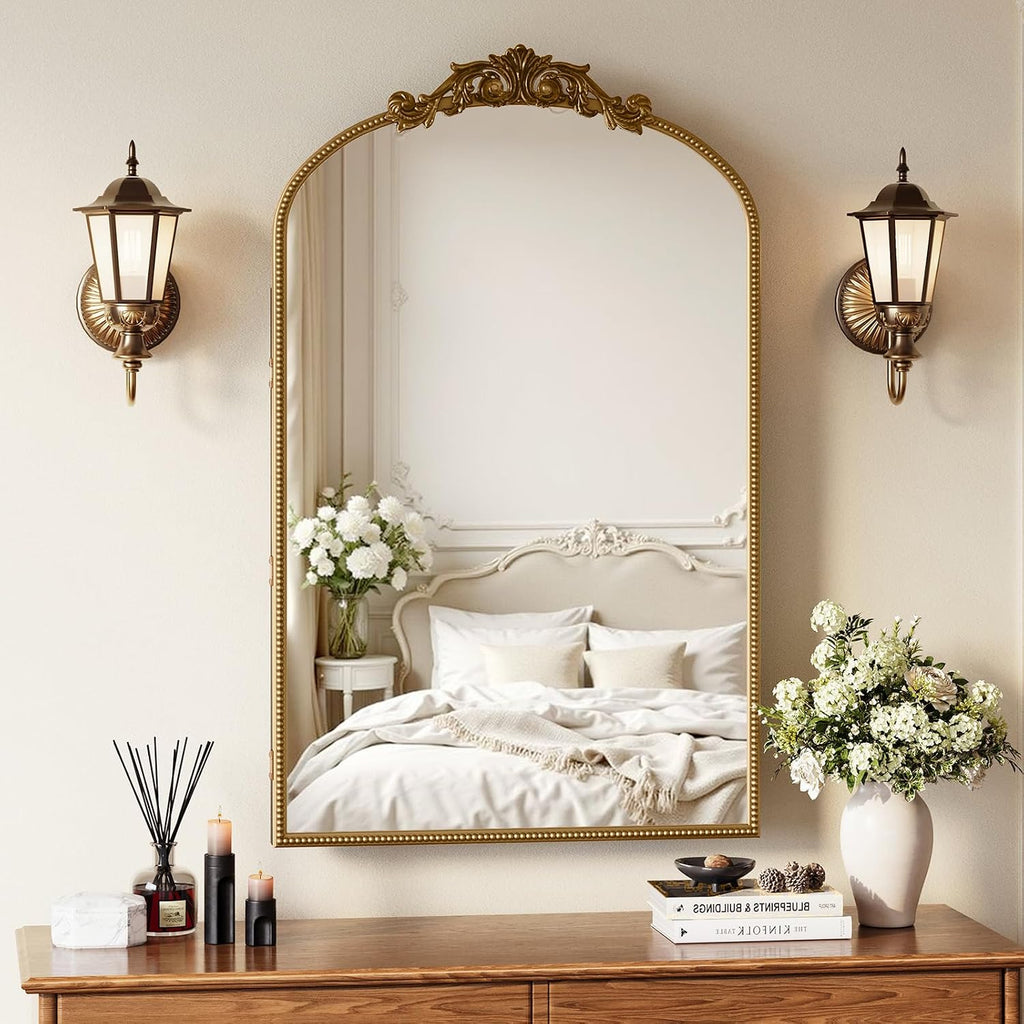 24x35 Inch Medicine Cabinets for Bathroom, Bronze Arched Medicine Cabinet with Mirror, Recessed or Surface Mount Medicine Cabinet Mirror，Premium All-Metal Frame&Body, Easy Assembly, Gold