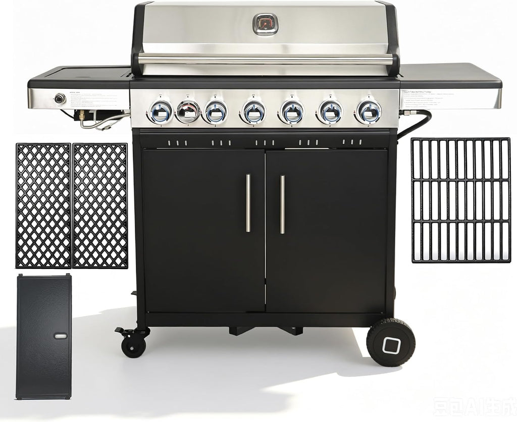 Flintex Multi-Function Propane Gas Grill with Various Grates, 6-Burner Outdoor BBQ Grill with Porcelain-Enameled Cast Iron Grates & Griddle, 54,600 BTU Output, 625 sp.in. Cooking Area, Black