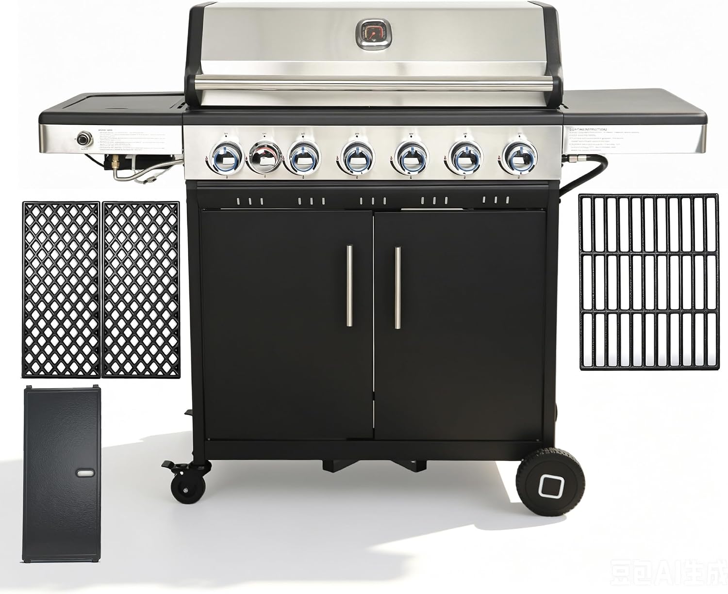 Flintex Multi-Function Propane Gas Grill with Various Grates, 6-Burner Outdoor BBQ Grill with Porcelain-Enameled Cast Iron Grates & Griddle, 54,600 BTU Output, 625 sp.in. Cooking Area, Black