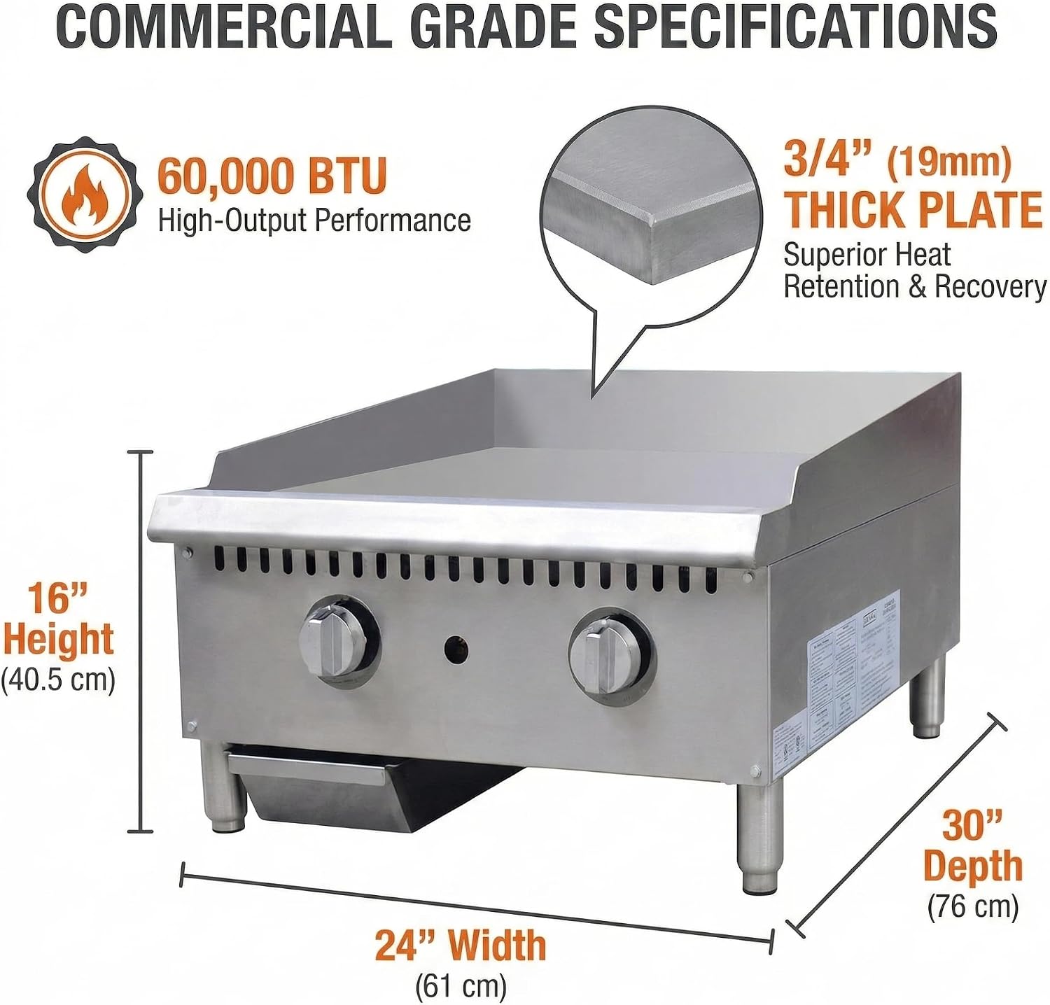 24' Commercial Griddle - Natural Gas/Propane Flat Top Grill, 60,000 BTU Countertop Hot Plate with Thermostatic Control & 3/4' Thick Plate, Heavy Duty Stainless Steel, ETL Listed