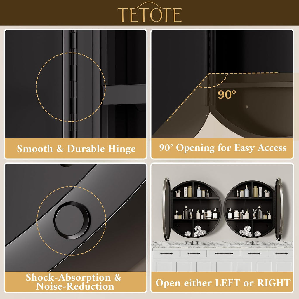 TETOTE 24 x 24 Inch Medicine Cabinet Mirror Brushed Nickel Framed Round Mirrored Medicine Cabinets for Bathroom Adjustable Shelves Modern Bathroom Mirror with Storage Wall Mounted