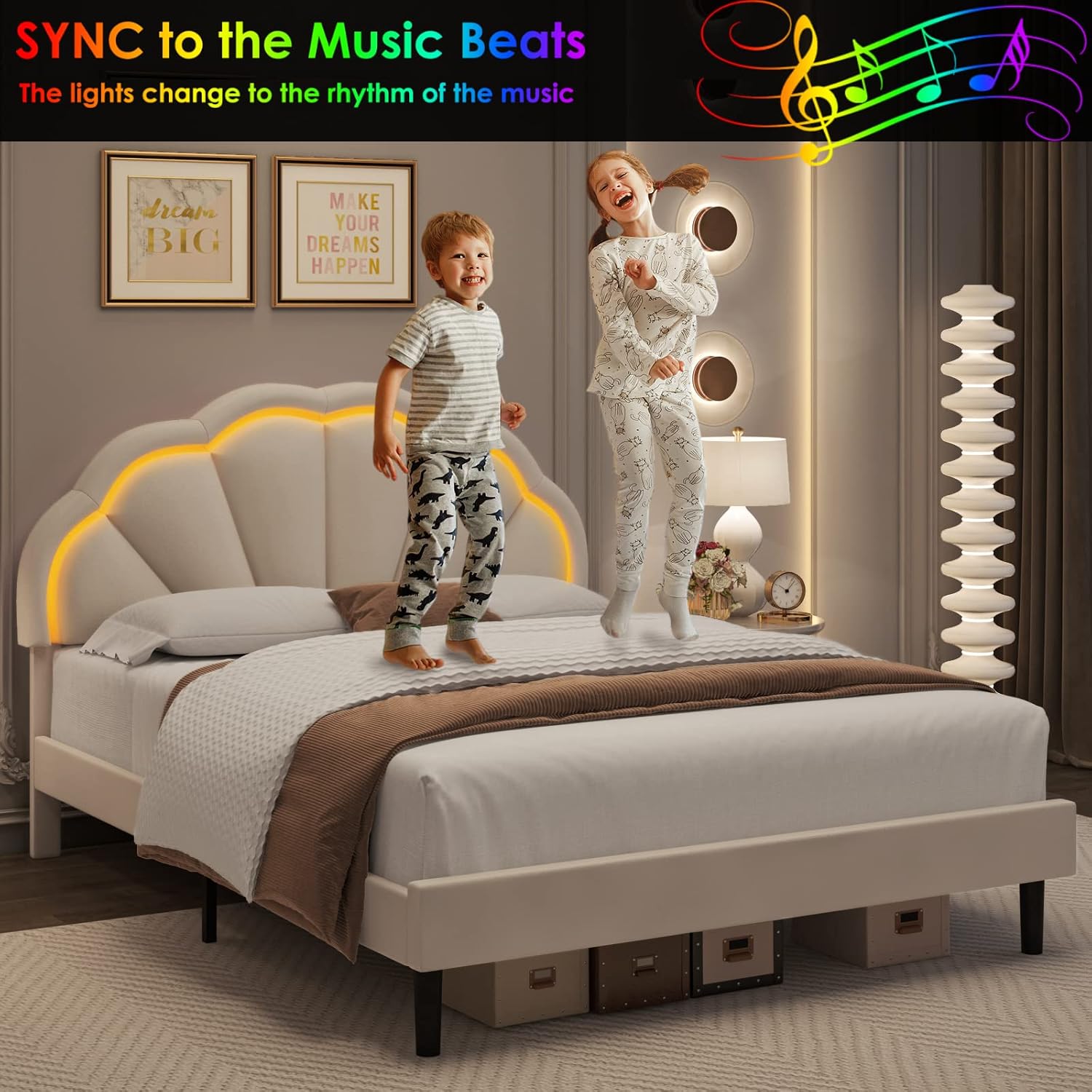 HIFIT Full Upholstered Smart LED Bed Frame with Adjustable Chic Petal Headboard, Princess Full Size Platform Bed Frames for Kids/Girls, Wooden Slats Support, No Box Spring Needed, Easy Assembly, Beige
