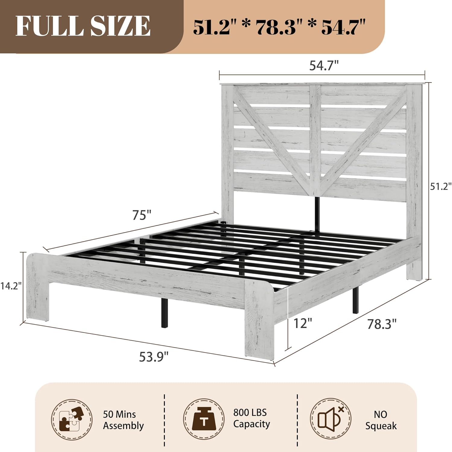 Full Size Bed Frame with Headboard – Farmhouse Style Platform with LED Lights USB Charging No Box Spring Easy Assembly White Boho Bed Frame Modern Bedroom Sets (Boho White, Full)