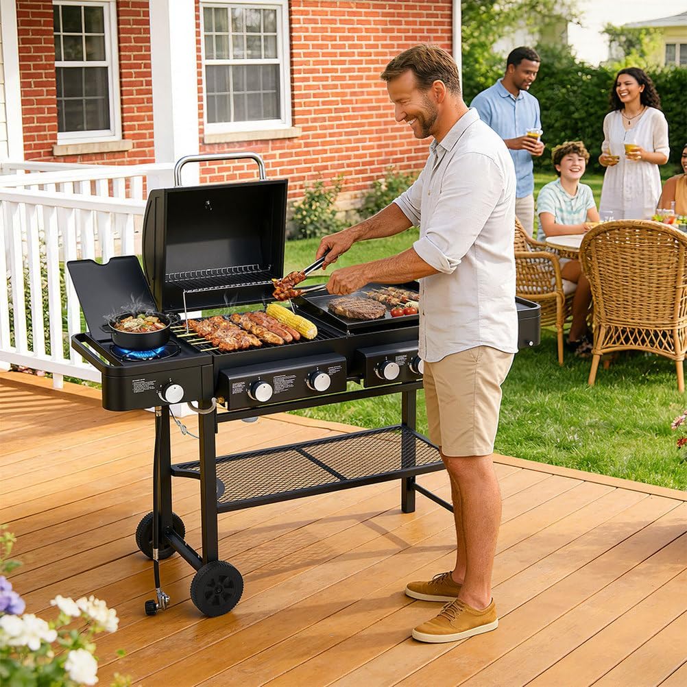 5 Burner Gas Grill and Griddle Combo with Side Burner, 3-in-1 Outdoor Propane Grill, 745 Sq. in. Cooking Area, Stainless Steel BBQ Grill on Wheels for Backyard BBQ & Outdoor Cooking