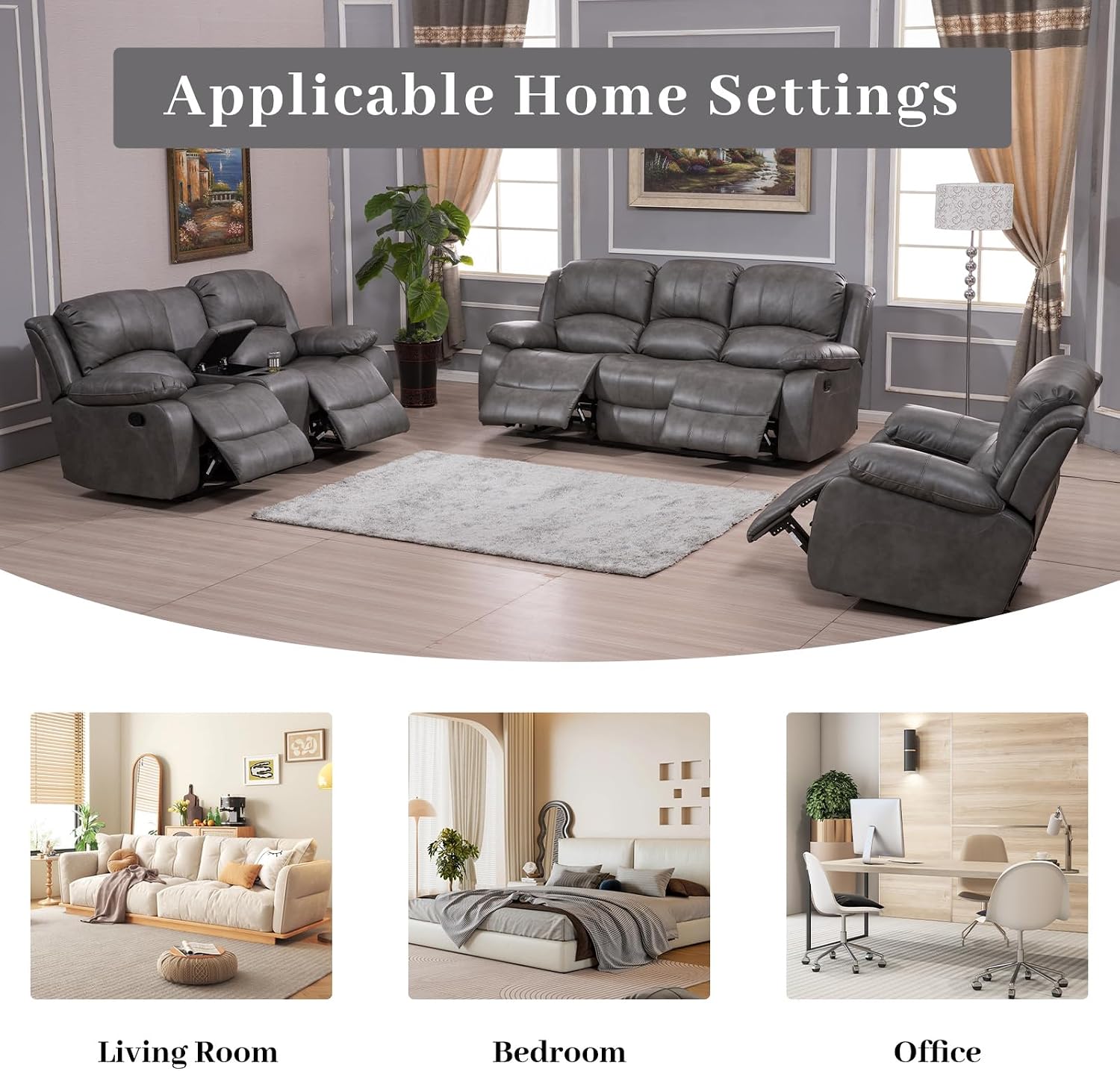 Betsy Furniture 3PC Faux Leather Reclining Couch Set, Living Room Furniture Set, Sofa, Loveseat, Glider, 8018 Multiple Colors (Gray, Sofa+Loveseat+Chair) | 8018