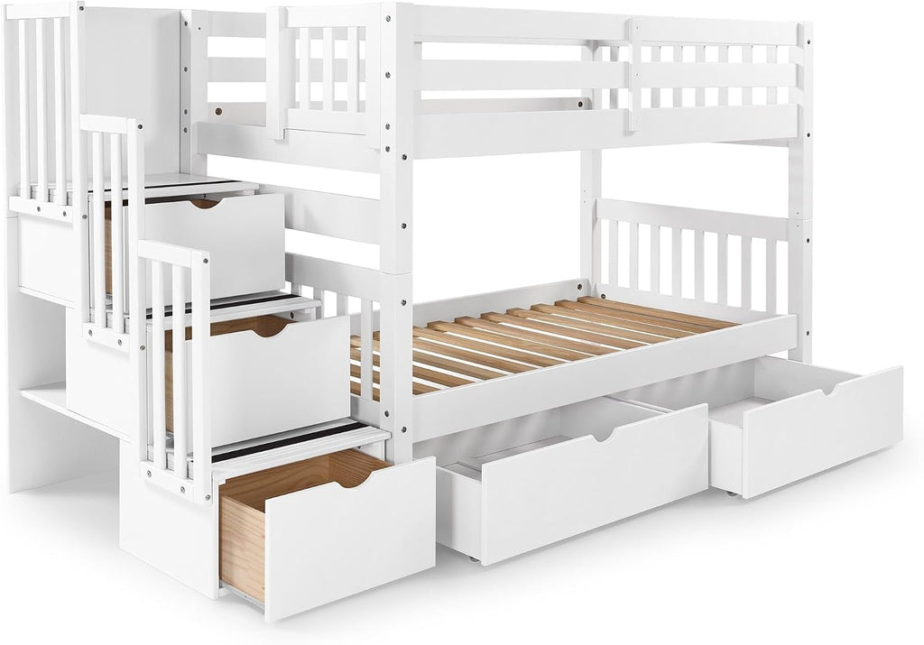 Bedz King Stairway Bunk Beds Twin Over Twin, 3 Step Drawers, 2 Storage Drawers, White