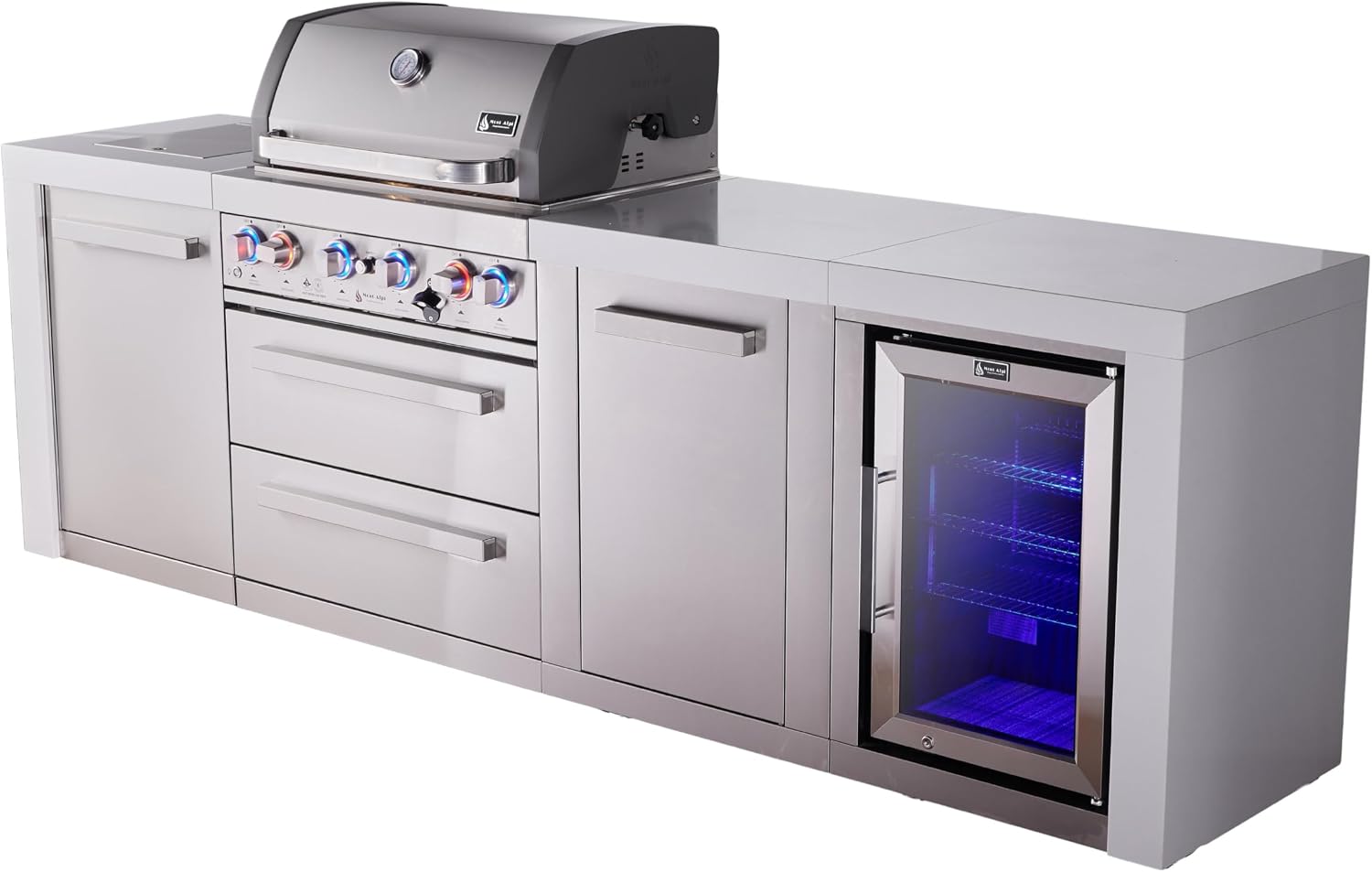 Mont Alpi Premium 107'W x 23'D x 46'H Deluxe Stainless Steel Outdoor Kitchen Island with Refrigerator + 32'W 4-Burner BBQ Gas Grill + Granite Countertops + Storage Cabinets + Rotisserie Kit + Cover