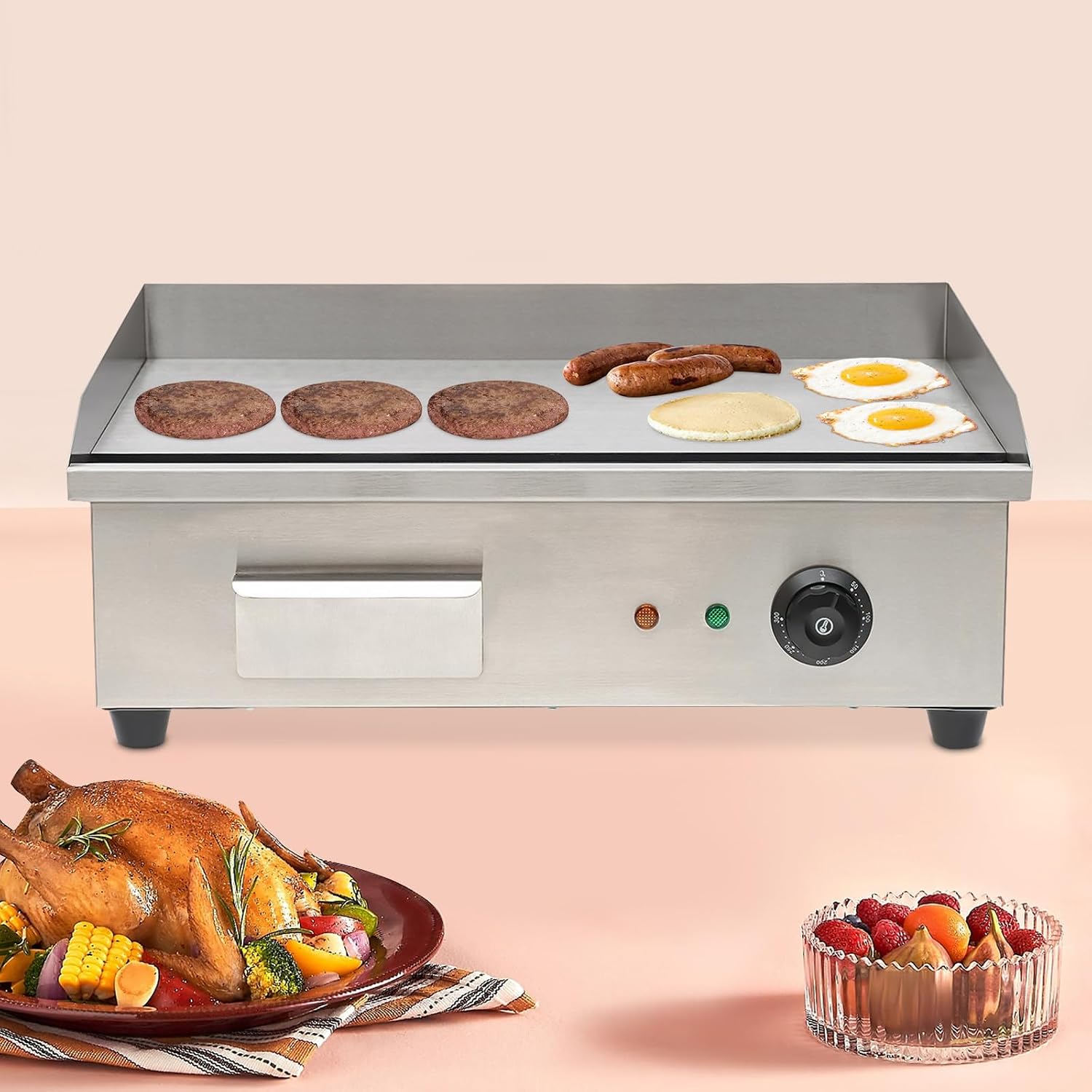 21''Commercial Electric Countertop Griddle,3000W Stainless Steel BBQ Flat Top Grill Frying Pan with Temperature Control 122°F-572°F for Restaurant Pancake Kitchen Steak (21.65 * 17.13 * 8.12in)