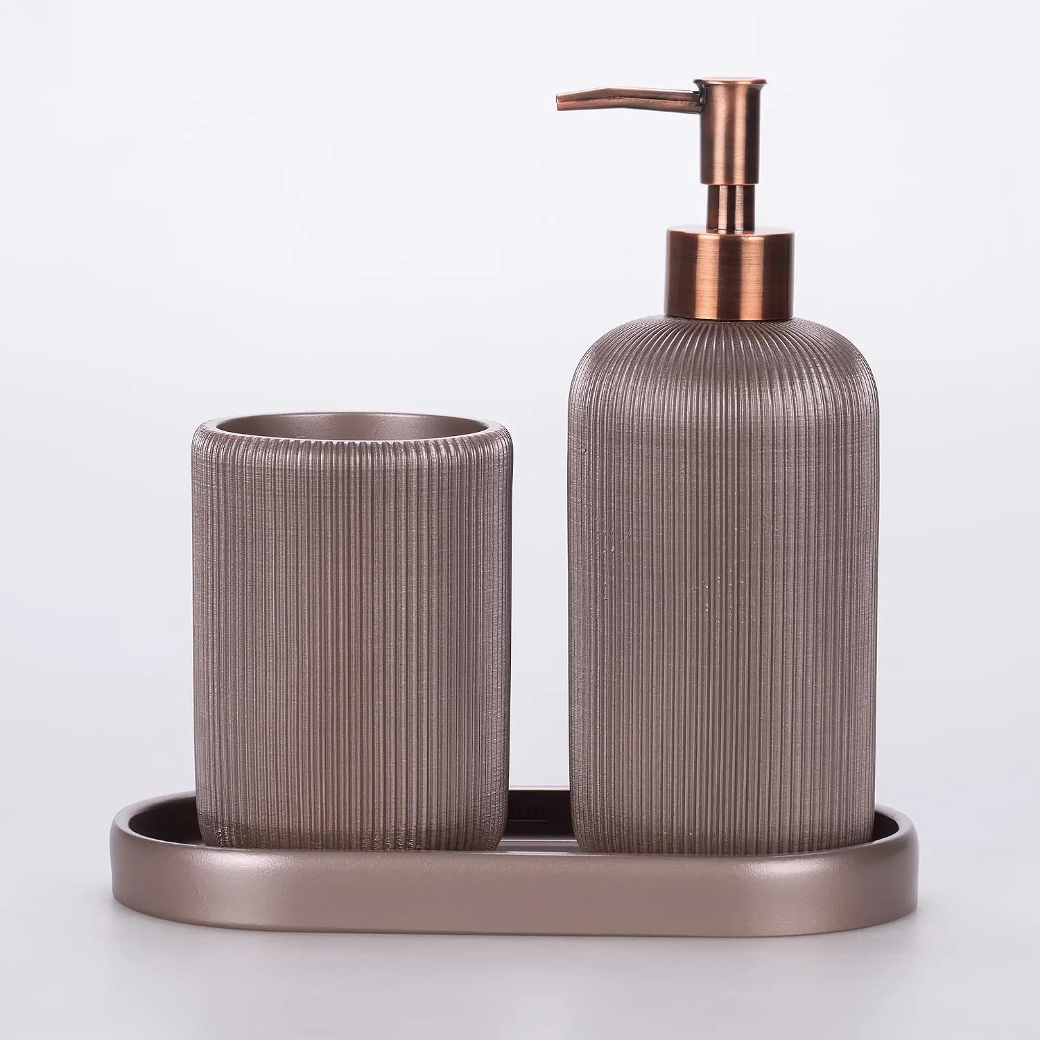 Lydia Collection 5-Piece Resin Bathroom Accessories Set – Toilet Brush Holder, Waste Bin, Soap Dispenser, Tray & Toothbrush Holder (Taupe)