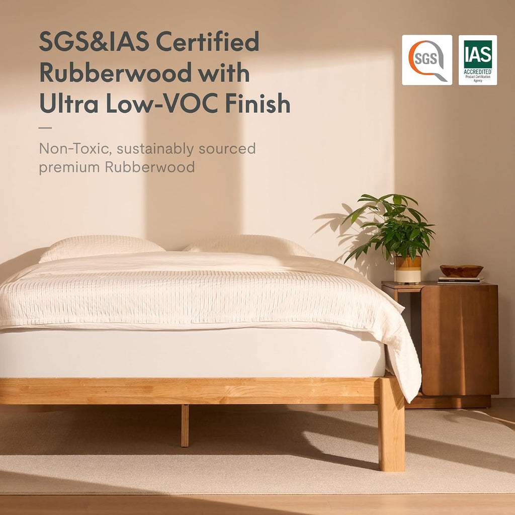FLEXISPOT Hako G2 Japanese Joinery Bed Frame, Solid Rubberwood Queen Platform Bed, IAS & SGS Certified, Japandi Minimalist Style, Noise-Free, No Tools Assembly, 10-Year Warranty, Natural Oak