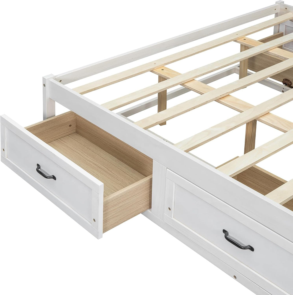 SOFTSEA Farmhouse Queen Size Bed Frame with 6 Drawers, Wood Storage Bed No Headboard with Support Slats, Solid Wood Platform Bed Frame with Drawers, No Box Spring Needed, Easy Assembly, Antique White