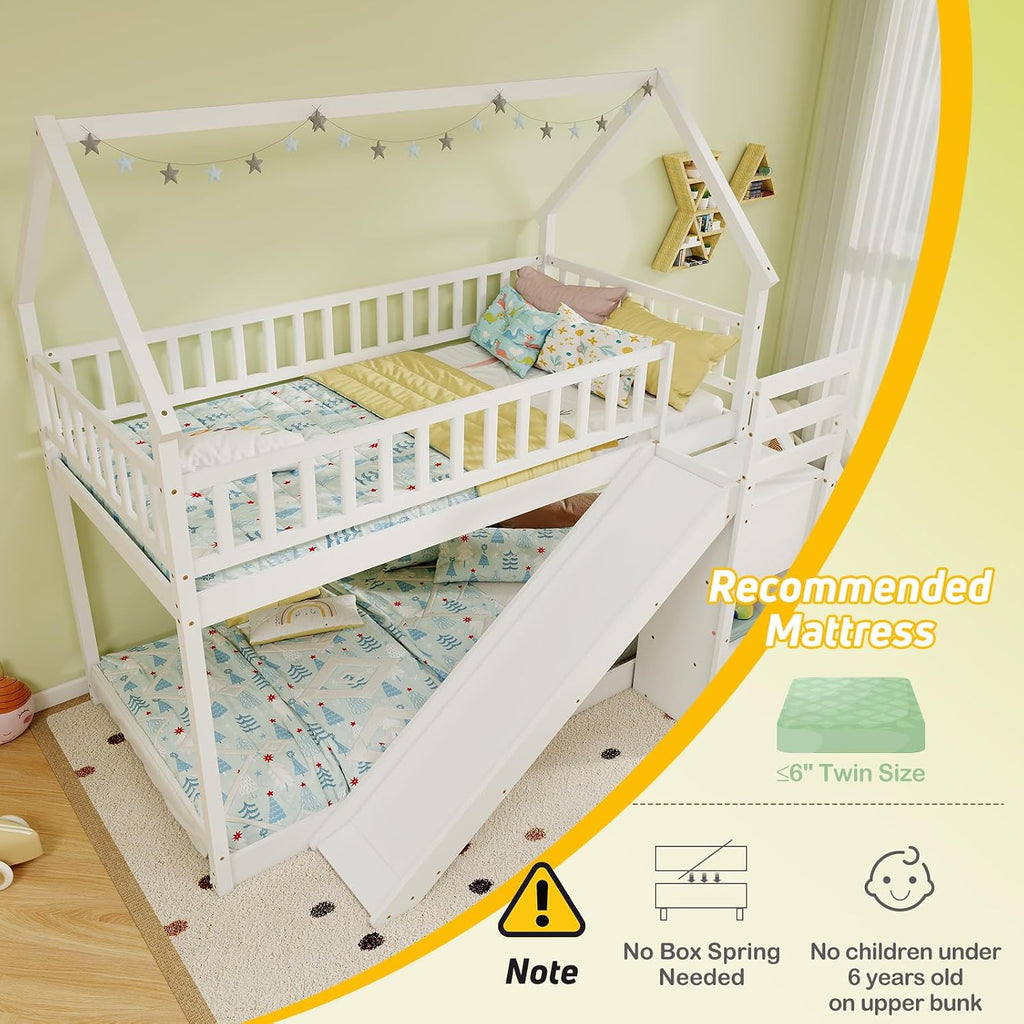 KOMFOTT Wood Twin Over Twin Bunk Bed with Slide & Staircase, Twin House Bunk Bed with Safety Guardrails & Storage, Floor House Bed with Wooden Slat Support for Boys Girls, No Box Spring Needed (White)