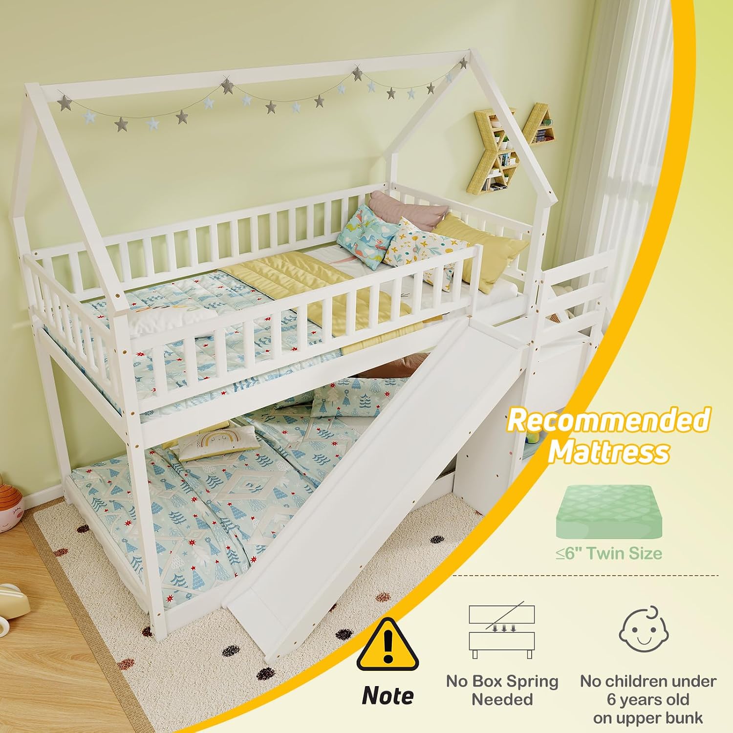 KOMFOTT Wood Twin Over Twin Bunk Bed with Slide & Staircase, Twin House Bunk Bed with Safety Guardrails & Storage, Floor House Bed with Wooden Slat Support for Boys Girls, No Box Spring Needed (White)