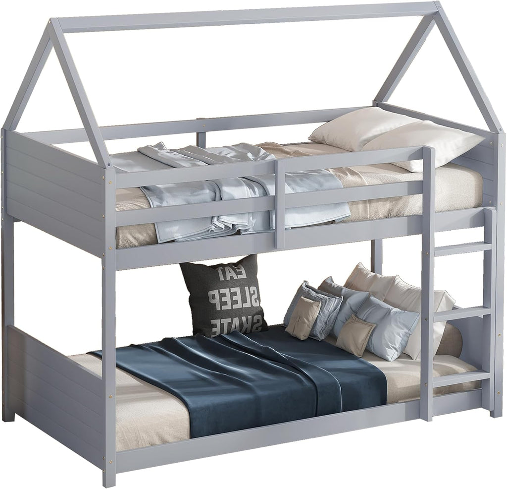 Bellemave Twin Over Twin Bunk Bed, Wooden House Bunk Bed with Ladder and Guardrail for Bedroom, Dormitory, Floor Bunk Beds with Headboard and Footboard for Kids, Teens, No Box Spring Needed, Grey