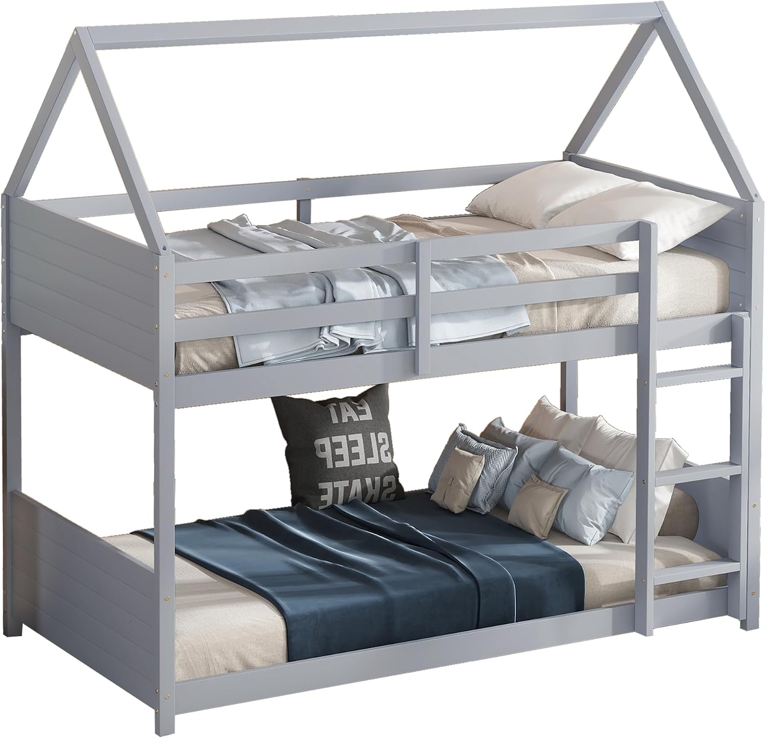 Bellemave Twin Over Twin Bunk Bed, Wooden House Bunk Bed with Ladder and Guardrail for Bedroom, Dormitory, Floor Bunk Beds with Headboard and Footboard for Kids, Teens, No Box Spring Needed, Grey
