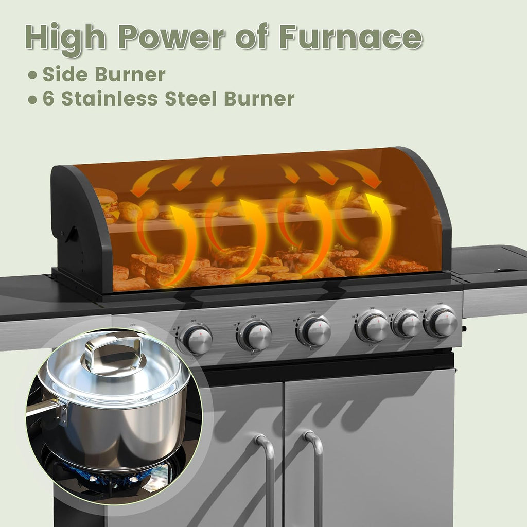 6 Burners Propane Gas Grill with Side Burner, Stainless Steel BBQ Grill with Porcelain-Enameled Cast Iron Grates, 65,500 BTU Outdoor Patio Barbeque Grill for Party, Camping, Backyard
