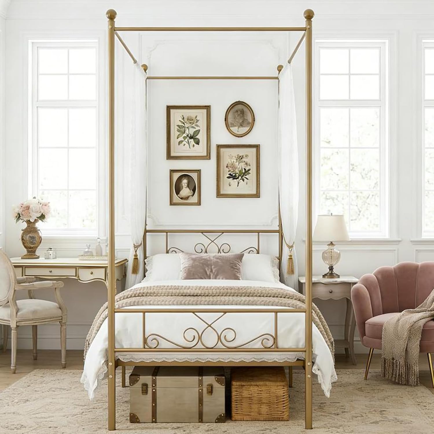 Weehom Twin Canopy Bed Frame with Headboard and Footboard, 4 Posters Metal Bed Frame, No Box Spring Needed, Mattress Foundation Platform Bed for Kids and Adults, Gold